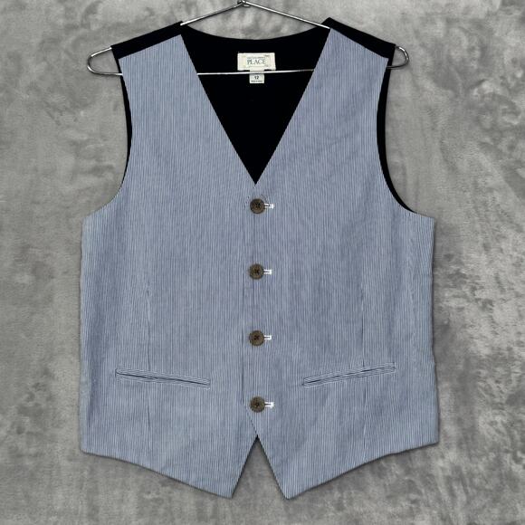 The Children's Place Vest Boys 12 Blue White Stripe Button Front Cotton V Neck - Picture 1 of 6